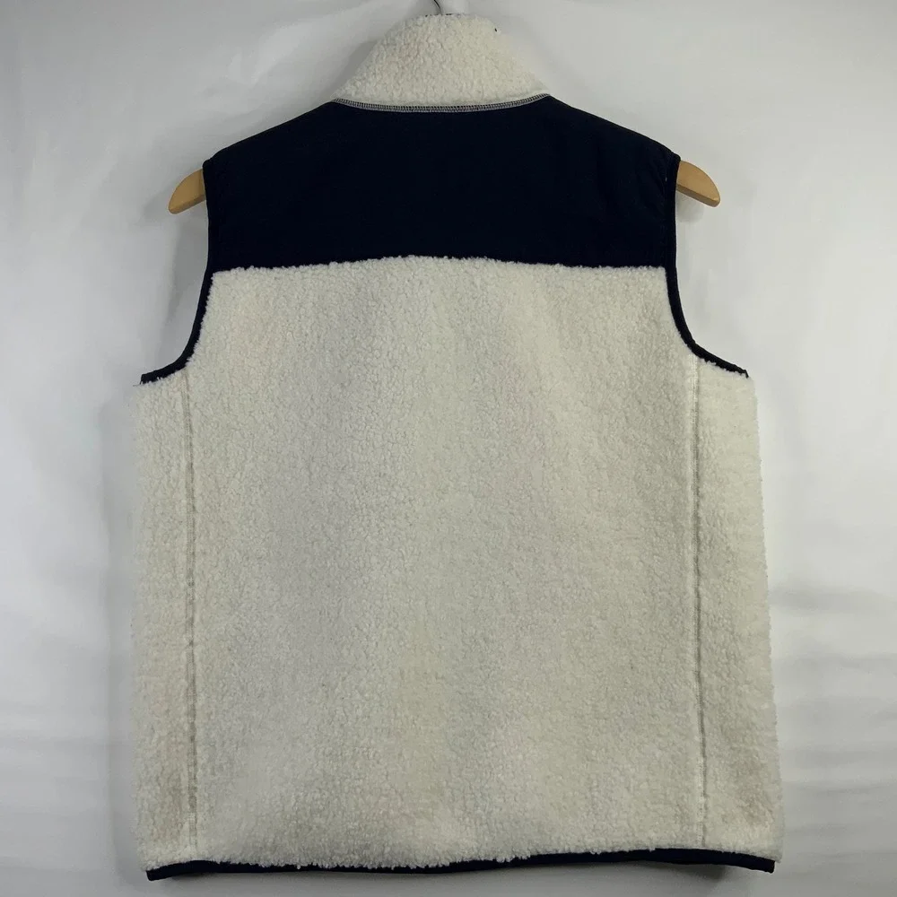 Brooks Brothers Mens Sherpa Fleece Vest Cream Navy Blue Full Zip Size Medium